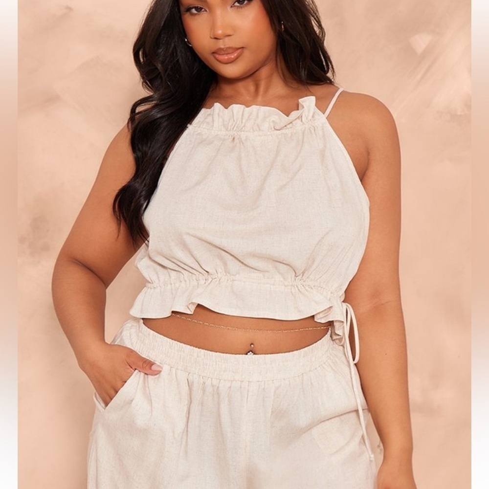 PrettyLittleThing Plus Stone Marl Linen Look Drawstring Racer Crop Top, Size 18